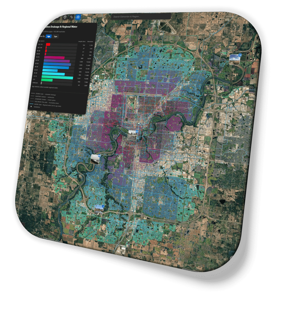 Edmonton Drainage system map with pipes, manholes, and community photos